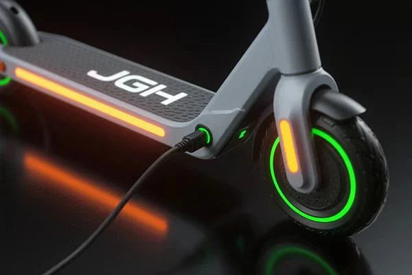 A JGH electric scooter that is charging