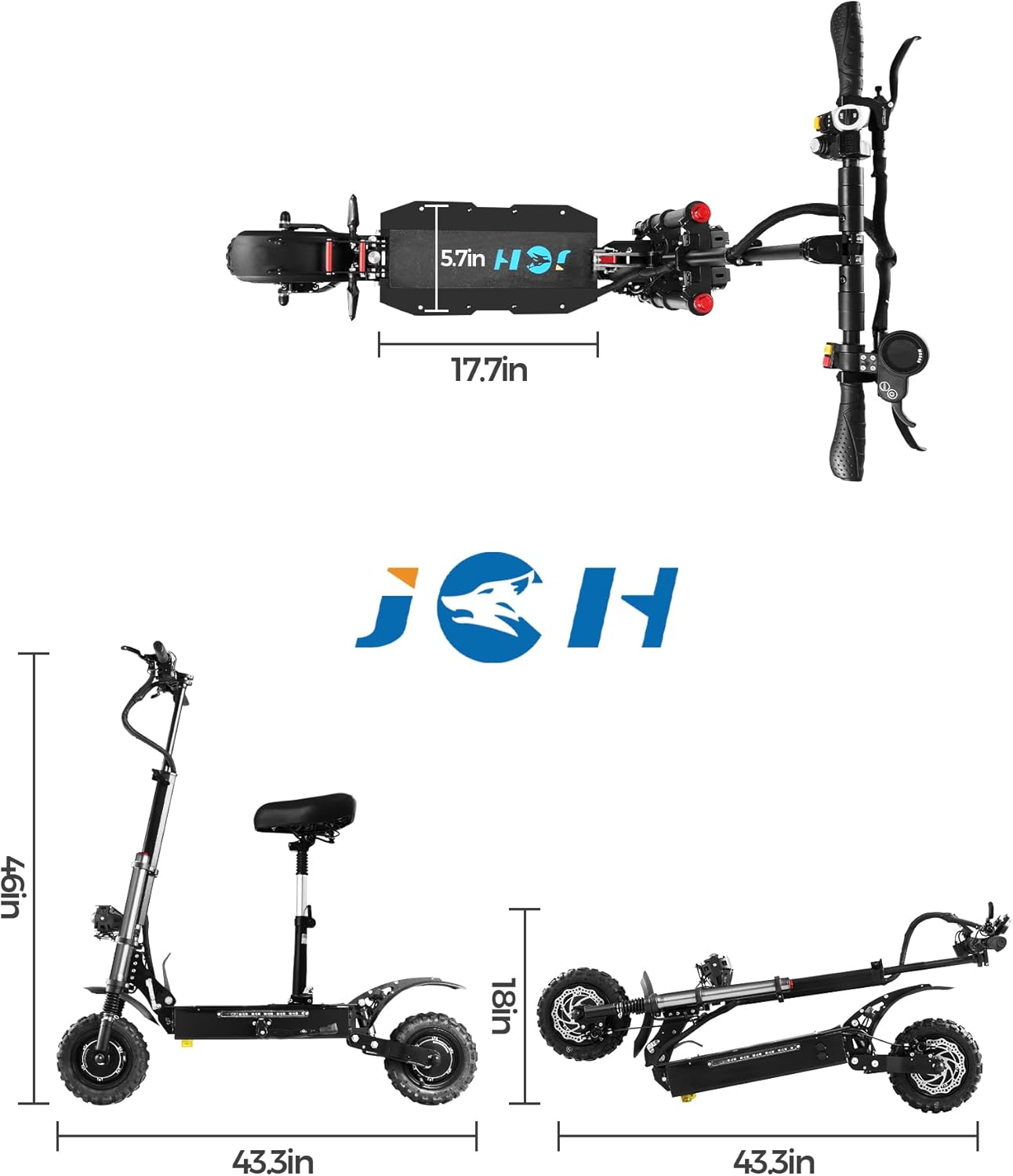 JGH 3200W/5600W Dual Motor Electric Scooter for Adults with Seat,45/50MPH Top Speed, 40/56 Mile Range, Foldable, LED Display, Non-Slip Deck, Adjustable Handlebar Height